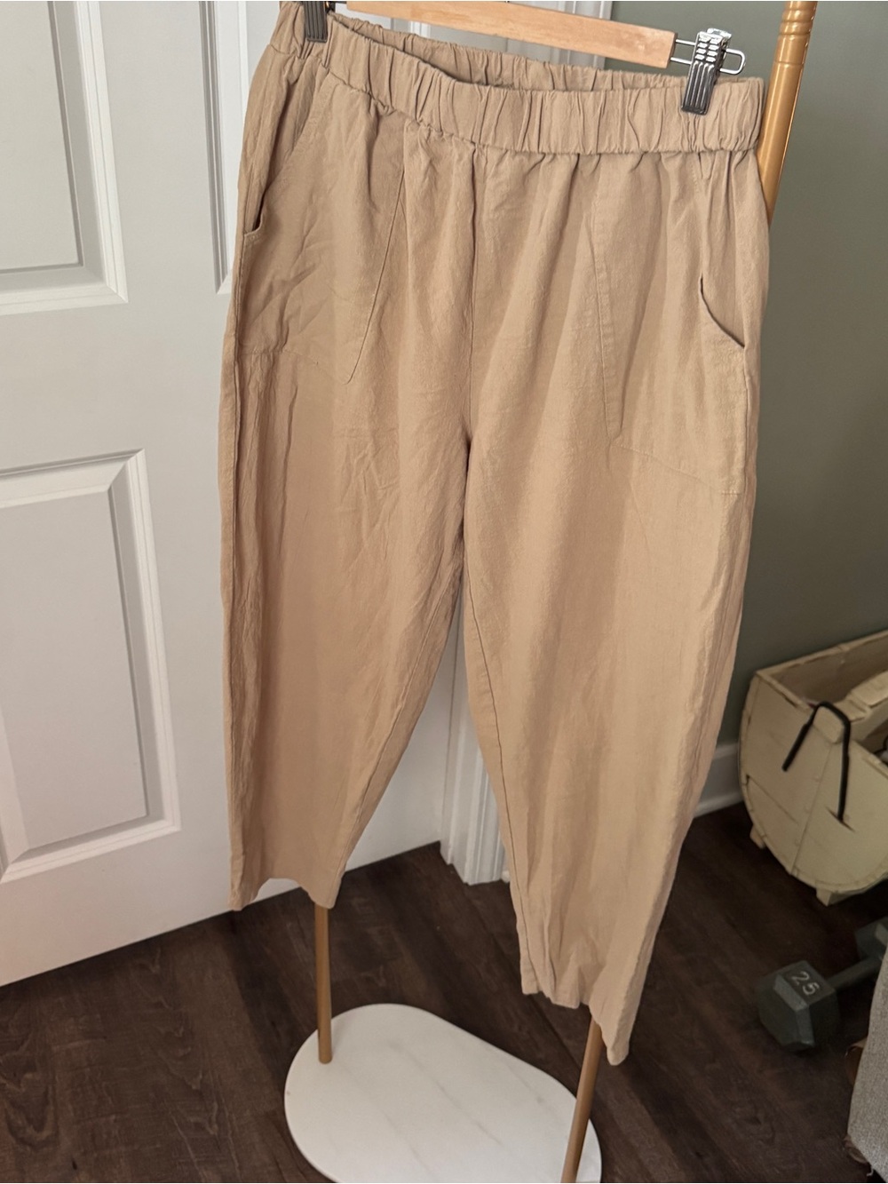 Relaxed Elastic-Waist Linen Blend Pants in Tan